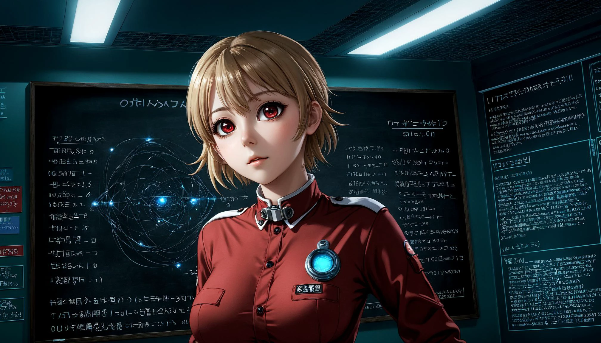 alienzkin , 1girl , serasvictoria, tan uniform, red uniform,  looking up, solo, upper body, detailed background, detailed face, (glyphtech theme:1.1), scientist, safety-goggles, shirt, technology, advanced technology, fantasy science lab in background, biology,  biohazard, virology, surgical mask,  autoclave, dna, blackboard,  flashing lights,, very thin waist,  breasts, cleavage, slim body,, (8k, masterpiece, best quality, ultra-detailed),  (an extremely delicate and beautiful)kawaii, cute, very big eyes, Aesthetic Anime Eyes, small face,  large breasts, cinematic lighting, , Intricate, High Detail, Sharp focus, dramatic,   masterpiece, best quality, ultra-detailed,