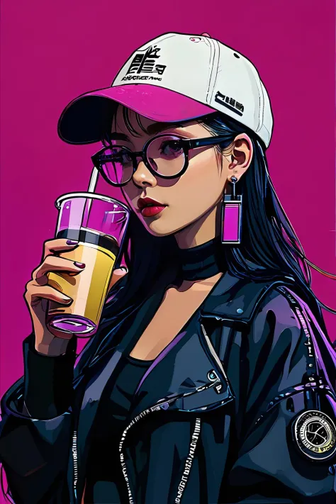 masterpiece,best quality,saibo,1girl,cyberpunk,hat,earrings,glasses,drinking,simple background,magenta background,