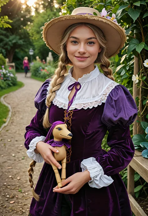 (medium full shot) of (mysterious puppeteer) young woman, swedish, tan skin, hazel eyes, Average build, medium blonde single braid hair, wearing a deep purple patterned tunic, satin breeches, buckle shoes, wide-brimmed hat, velvet gloves, carrying a wooden puppet,  set in  a serene park, with lush greenery, tranquil paths, ornate benches, blooming flowers, during sunset, woman smiling, ,Masterpiece,best quality, photo, realistic, very aesthetic, detailed face,