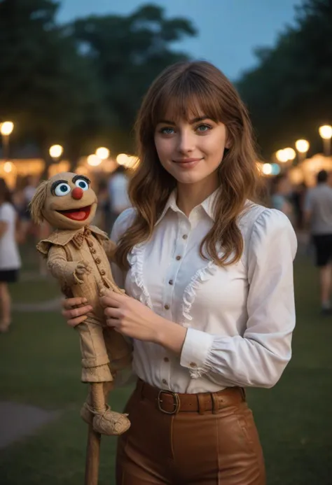 masterpiece, reality, 4k, (medium full shot) of (fantastical puppeteer) young woman, italian, tan skin, light Blue eyes, slender build, long brown side-swept bangs hair, wearing a white ruffled shirt, tailored pants, buckle shoes, leather mask with intricate details, decorative cane, carrying a hand puppet,  set in  a bustling park, featuring playgrounds, picnic areas, vibrant flora, joyful visitors, at night, woman smiling