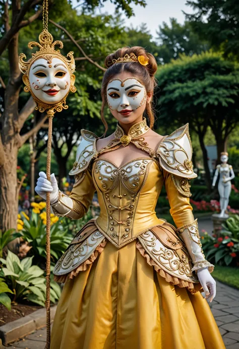 (medium full shot) of (mysterious puppeteer) young woman, thai, tan skin, brown eyes, full-figured build, long hazel updo hair, ...