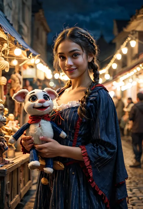 (medium full shot) of (eccentric puppeteer) young woman, philippine, tan skin, brown eyes, lithe build, short dark double braids...