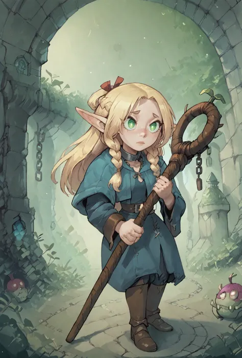 a cartoon image of a girl with a staff in a forest