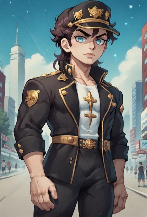 score9, score_8_up, score_7_up, rating_safe, (kujo_jotaro), jojo_no_kimyou_na_bouken, 1boy, (black_hair), blue_eyes, black jacket, black hat, Jotaro from Jojo walking at the viewer with his hands in his pockets, frowning, hair merging with hat, spiky hair, chibi, Outdoors, urban, street, trees, dark sky, stars, character focus, close up, tall ,muscular, <lora:Glorp_Bingo_Mega_Mix-000013:1> glorpbingomegamix1