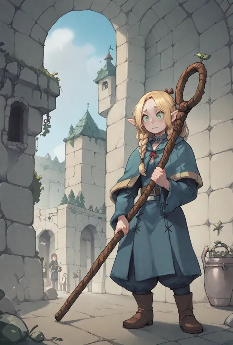 a cartoon image of a woman with a staff in a castle