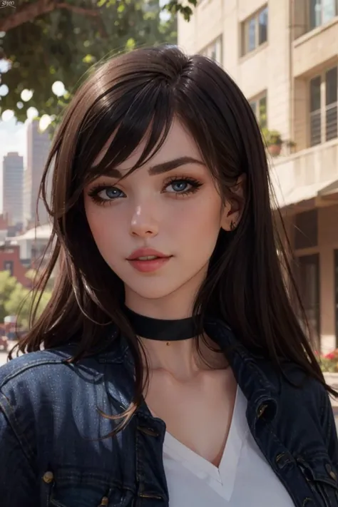 looking at viewer, (portrait, close up:1.2), parted lips,
emilygreyodd, 1girl, lips, black hair, blue eyes, makeup, black choker, jewelry, jean jacket, white shirt, small breasts,
realistic, picturesque, outdoors, backlit, city skyline, depth of field,
<lora:emilygrey-v4:0.8>