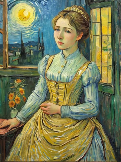 a painting of a woman in a yellow dress sitting at a table