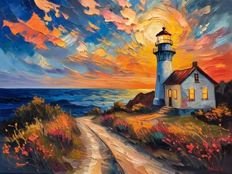 painting of a lighthouse on a beach with a sunset in the background