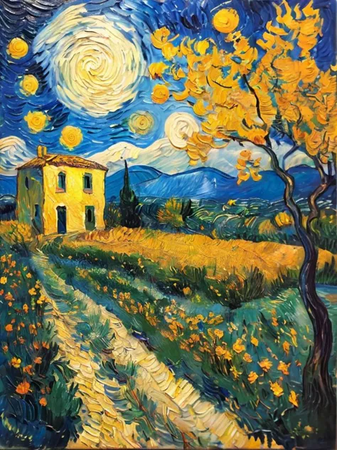 a painting of a yellow house in a field with a tree