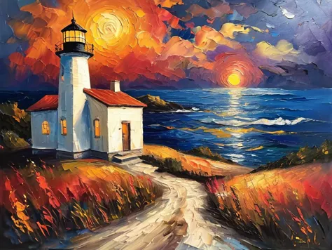 painting of a lighthouse on a beach with a sunset in the background