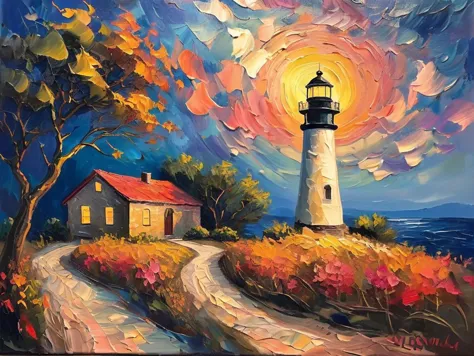 painting of a lighthouse on a hill with a path leading to it