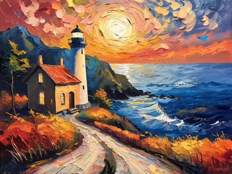 painting of a lighthouse on a cliff with a sunset in the background