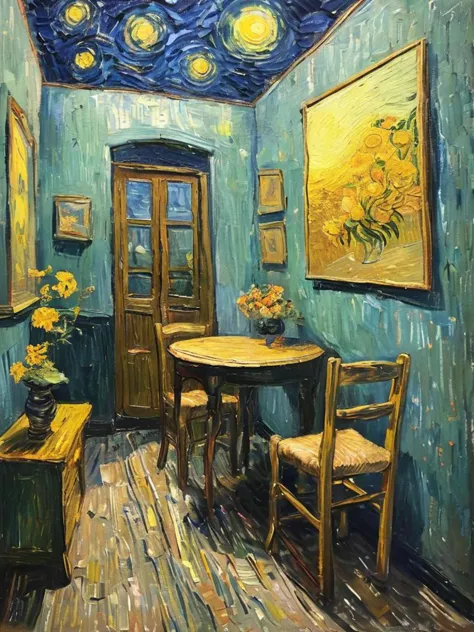 painting of a room with a table and chairs and a painting of a sky