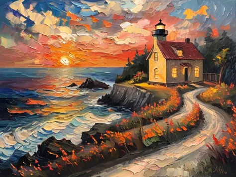 painting of a lighthouse on a cliff overlooking the ocean