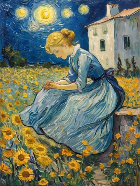 a painting of a woman sitting in a field of sunflowers