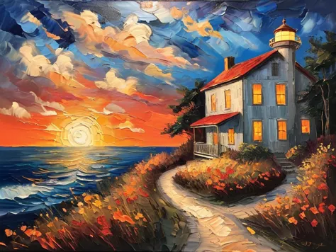 painting of a lighthouse at sunset with a path leading to it