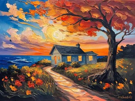 painting of a house on a hill with a tree and a path