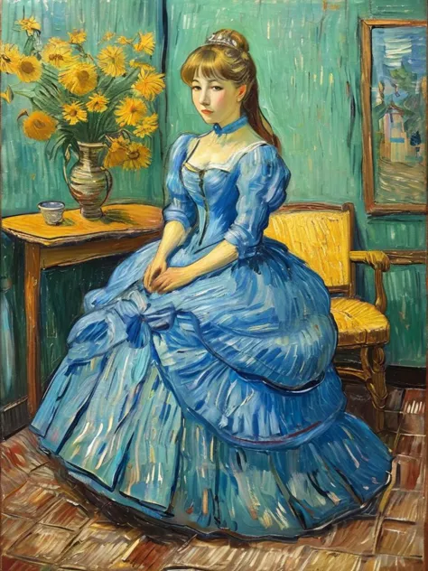 a painting of a woman in a blue dress sitting on a chair