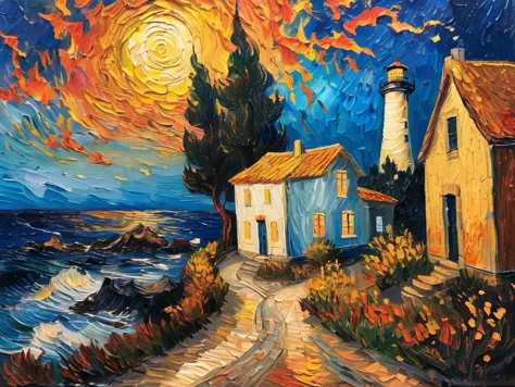 painting of a lighthouse and a house on a beach