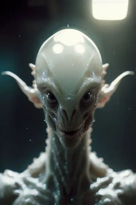 a close up of a alien with a white head and a white face