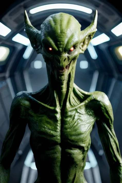 a close up of a green alien with red eyes