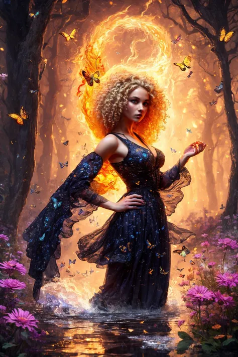 a woman in a black dress standing in a forest with a fireball