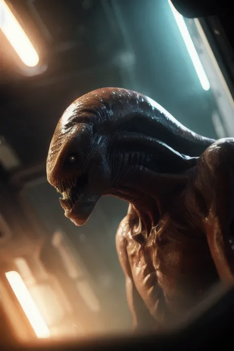 hyper realistic candid photo of (an angry strong wet alien beast monster), standing in a space station, dynamic pose, cinematic, film grain, flares, heartbreaking, dutch angle, masterpiece+, depth of field, bokeh, detailed, highly detailed, sharp focus, intricate, smooth, elegant, cinematic lighting, cinematic, masterpiece, matte, photorealistic, 4k, beautiful, volumetric lighting, dramatic, portrait++