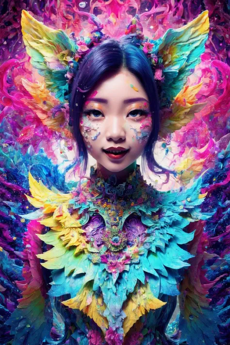 style of Alberto Seveso, color splash, fractal art, intricate chaotic particles, fusion, happy Japanese alien woman [Yui Aragaki | Satomi Ishihara], romantic, [water splash | paper craft]