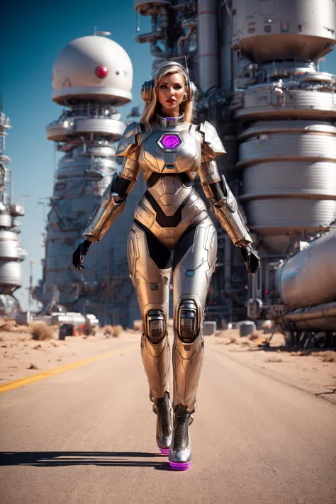 a woman in a futuristic suit walking down a road