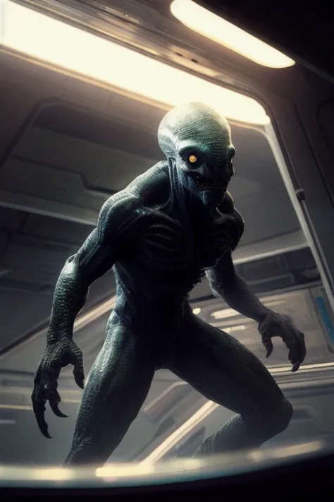 hyper realistic candid photo of (an angry strong wet alien beast monster), standing in a space station, dynamic pose, cinematic, film grain, flares, heartbreaking, dutch angle, masterpiece+, depth of field, bokeh, detailed, highly detailed, sharp focus, intricate, smooth, elegant, cinematic lighting, cinematic, masterpiece, matte, photorealistic, 4k, beautiful, volumetric lighting, dramatic, portrait++, beard, uniform