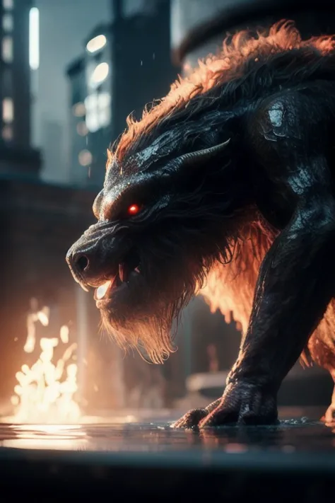 a close up of a furry animal with red eyes and a fire