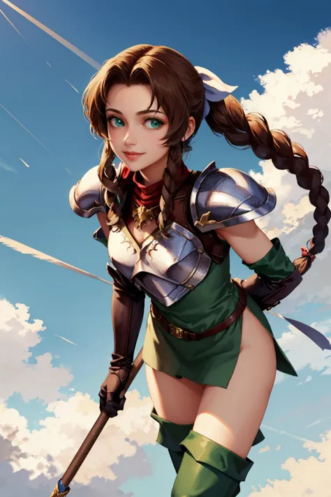 masterpiece, best quality,  aerith gainsborough, hair bow, green eyes pkuniform, armor, green dress, looking at viewer, smile, leaning forward, cowboy shot, sky, clouds, thigh boots, white gloves, holding spear, spear