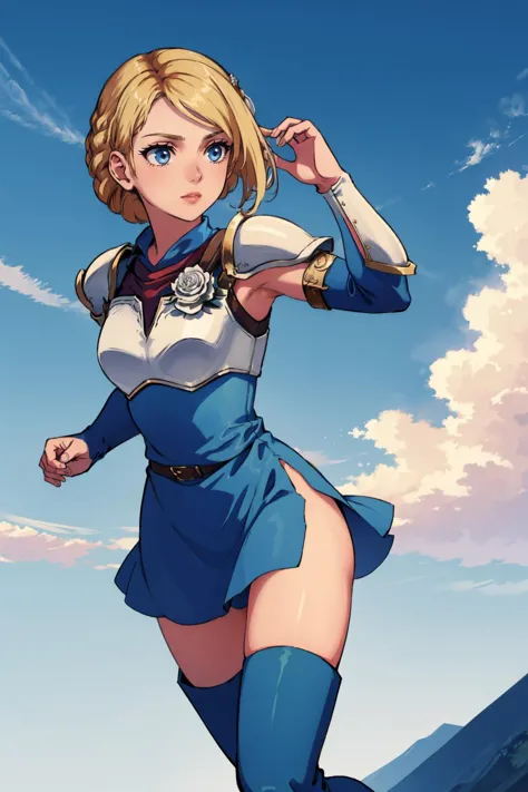 masterpiece, best quality,  <lora:edgRosaCosettedElise:1> edgCosette, blonde hair, braid, blue sky, clouds, running, flying <lora:pkuniform-nvwls-v1:0.8> pkuniform, armor, blue dress, thigh boots