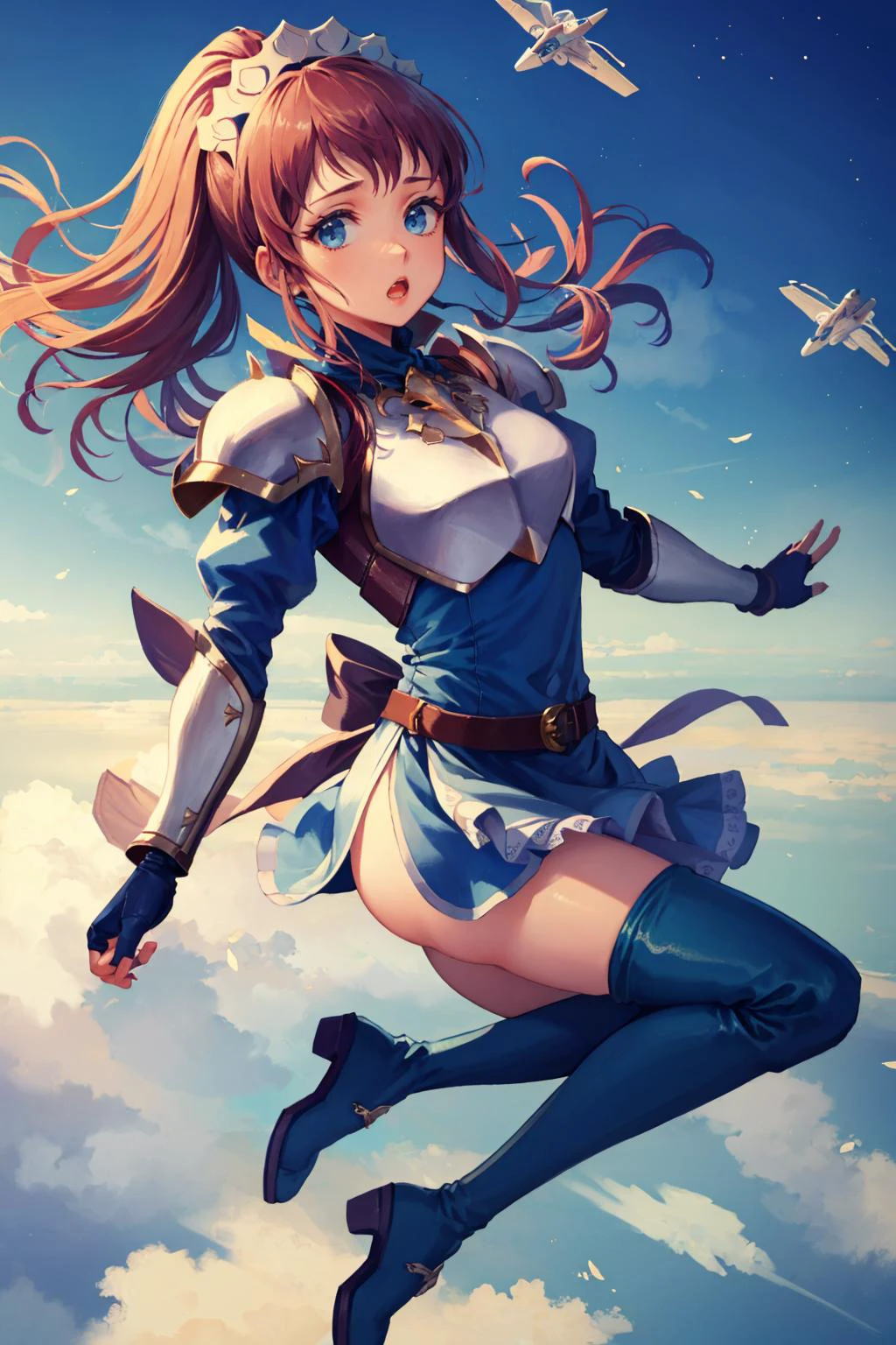 masterpiece, best quality,  pkuniform, armor, blue dress, thigh boots,  feliciadef, maid headdress, looking at viewer, :o, shocked, falling, (midair:1.5), (flying:1.5)