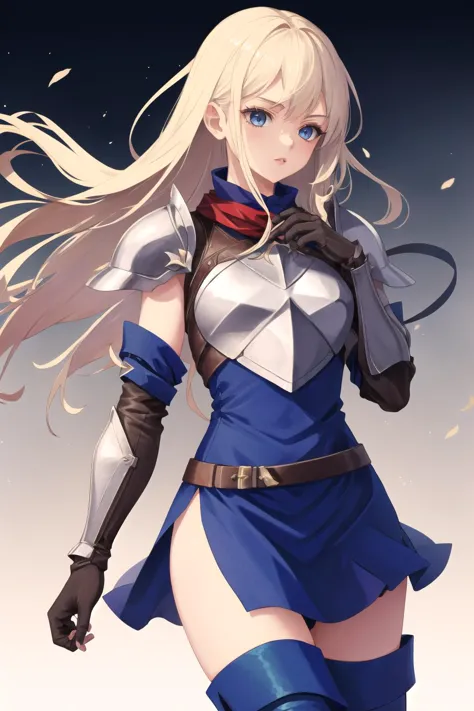 best quality, 1girl, <lora:pkuniform-nvwls-v1:1>, pkuniform, armor, blue dress, thigh boots, blue eyes, blonde hair