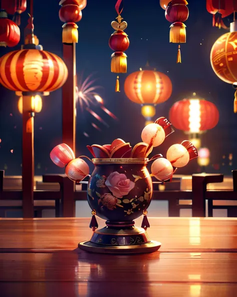 <lora:LunarValentineDragonStyle:0.8> LunarValentine, cafe, chinese lanterns, celebration, fireworks, masterpiece, best quality, ultra high res, beautiful, visually stunning,