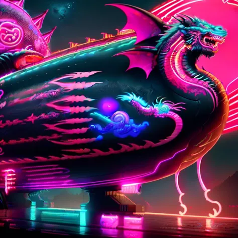 neon dragon statue in front of a neon city at night