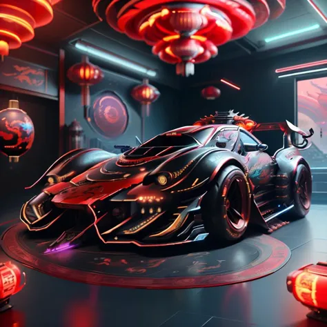 masterpiece,absurd resolution,epic scenery,futuristic cyberpunk dragon pattern car,,dragon pattern on car,western dragon style c...