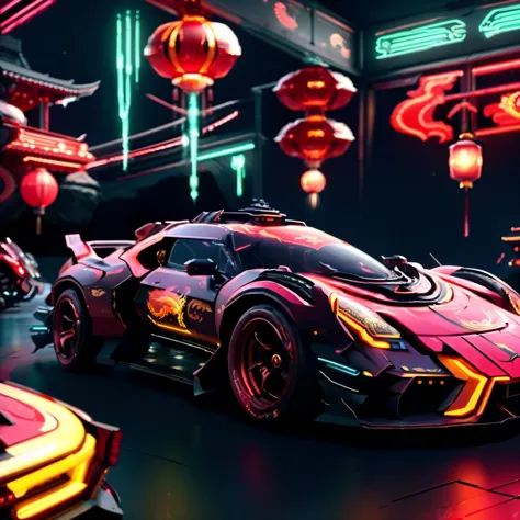 masterpiece,absurd resolution,epic scenery,futuristic cyberpunk dragon pattern car,,dragon pattern on car,western dragon style c...
