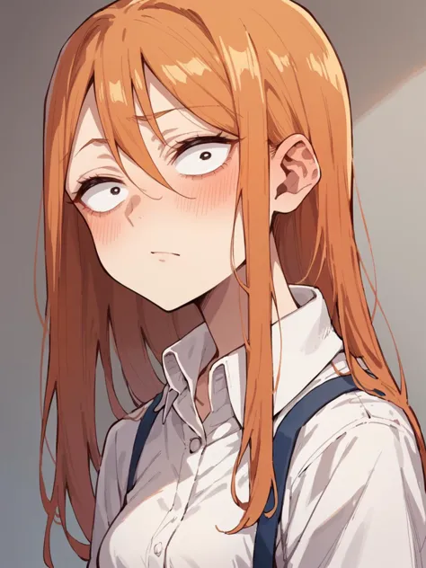 anime girl with long red hair and suspenders looking at camera