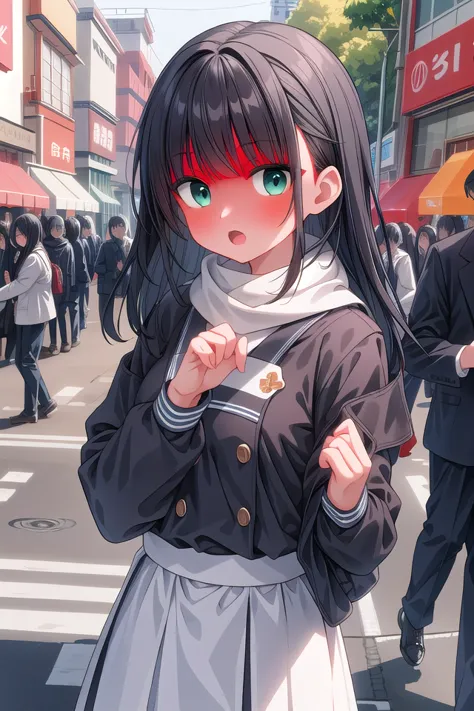 anime girl in a dress and scarf standing in a crowded street