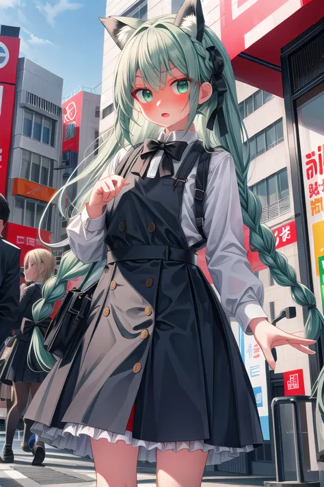 anime girl with long green hair and a black dress walking down a street