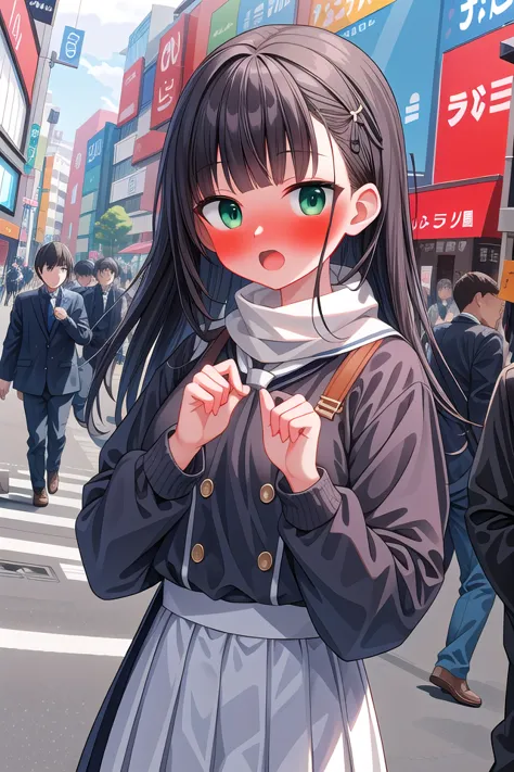 anime girl with green eyes and a scarf on a city street