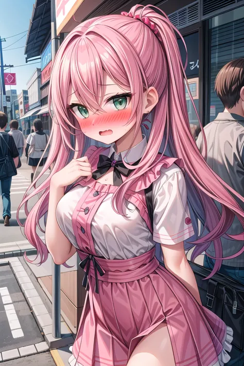 anime girl with pink hair and a pink dress on a city street