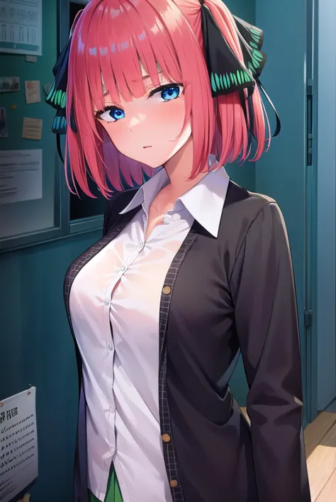 anime girl with pink hair and green eyes in a black shirt