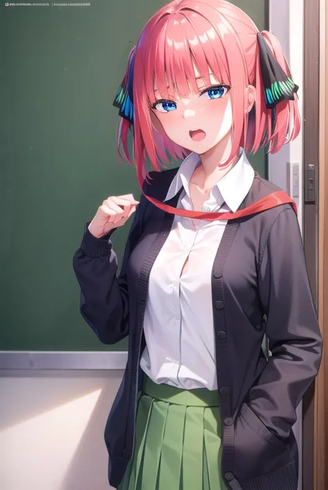 anime girl with pink hair and green skirt posing in front of a chalkboard