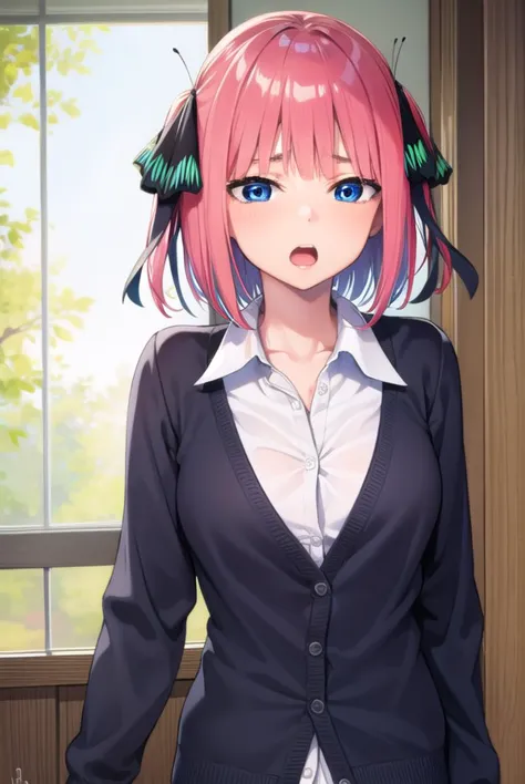 anime girl with pink hair and blue eyes in a black jacket