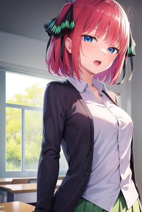 anime girl with pink hair and green skirt posing in a classroom