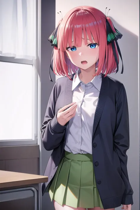 anime girl with pink hair and green skirt standing in front of a window