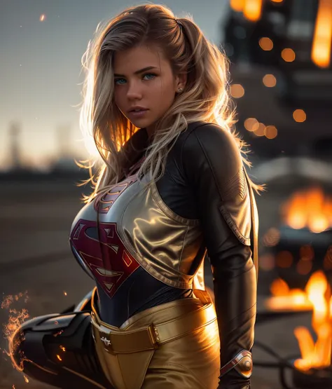 1girl,cowboy shot, supergirl suit, bodysuit, superhero,volumetric light, particles, universe, realistic, looking into the camera, standing on an airport runway. burning plane in background, surrounded by flames, natural skin texture, 4k textures, soft cinematic light, RAW photo, photorealism, photorealistic, intricate, elegant, highly detailed, sharp focus, ((((cinematic look)))), soothing tones, insane details, intricate details, hyperdetailed, low contrast, soft cinematic light, dim colors, exposure blend, hdr, faded,muted colors, natalee,  <lyco:NataLee:0.85>